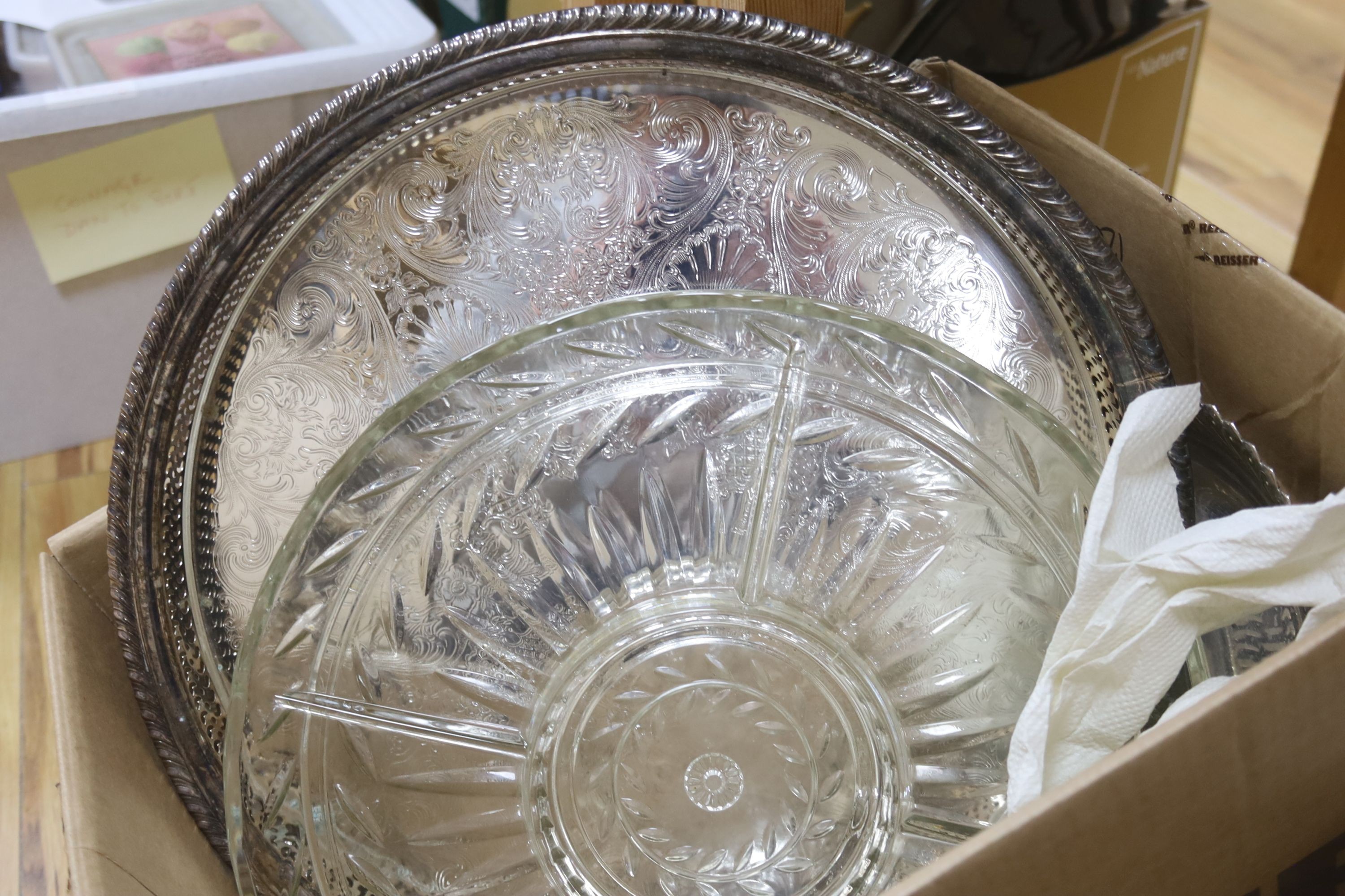 A pair of oblong silver plate entree dishes and covers, 2 other dishes, 2 part tea service and plated items